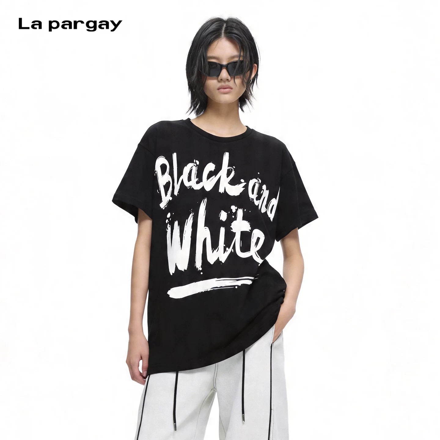 Lapargay 100% cotton personality letter contrasting color printed T-shirt women 2026 spring new style design sense long t trendy brand knit top