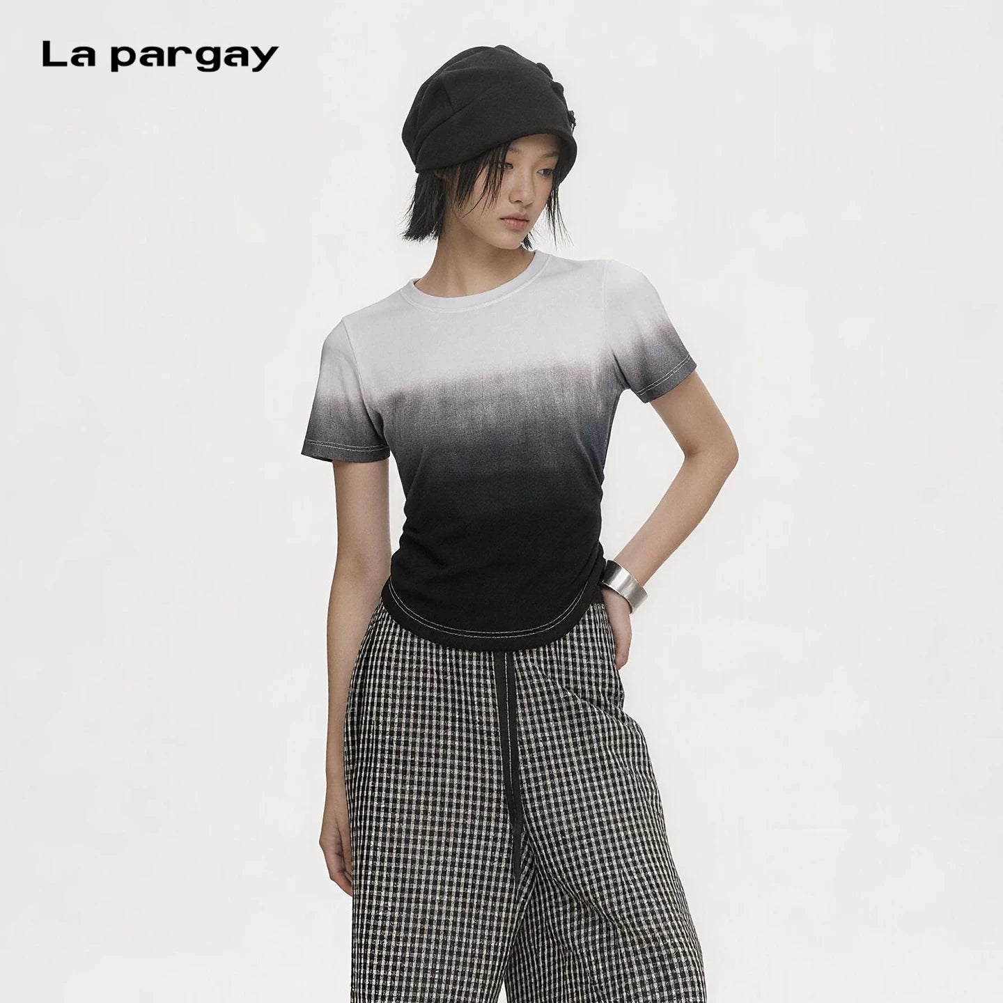 Lapargay Fake Two-Piece Backless Knit Top Fashion Personalized Gradient Dye Design T-Shirt Trendy Women's Top