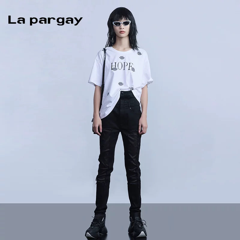 Lapargay 2026 black casual jeans simple patchwork design high-waist slimming pencil pants