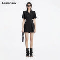 Lapargay Suit Collar Cutout Little Black Dress, Waist-Nipping Slimming, Elegant Short-Sleeve Dress L69209024C