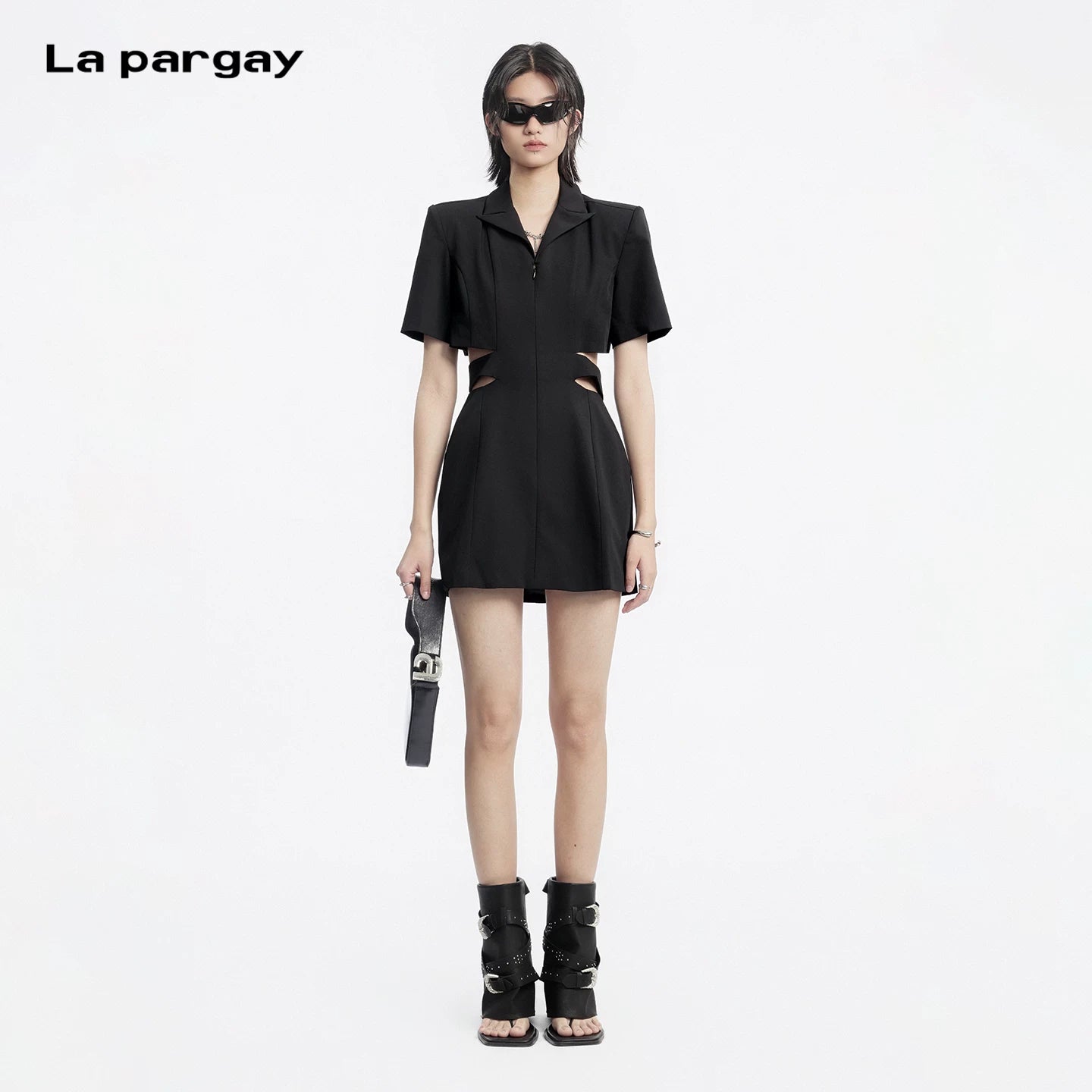 Lapargay Suit Collar Cutout Little Black Dress, Waist-Nipping Slimming, Elegant Short-Sleeve Dress L69209024C