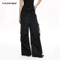 Lapargay High-Waist Drawstring Cargo Pants 3D Pleats Wide Leg Flowing Slimming Versatile L75402602V