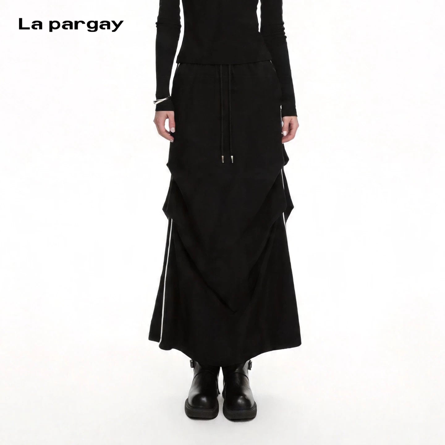 Lapargay Long Slit Cargo Skirt, Contrast Double Stripe, Drawstring Elastic Waist L75209109C