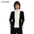 Lapargay black-white contrast stand-collar, double zipper waist, ribbed knit cardigan L75408301V