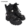 Lapargay Top Grain Leather Thick Sole Motorcycle Boots Lace Up Metal Buckle Side Zipper Short Boots L75405003X