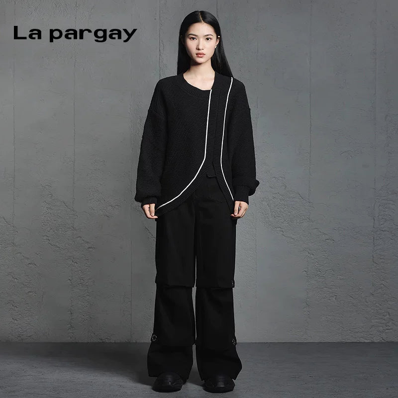 Lapargay Loose Curved Hem Pullover Long-Sleeve Knitwear 2026 New Women's Black Casual Top
