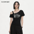 Lapargay Personality Design One-Shoulder T-Shirt 2026 New Style Fashion Trendy Brand Off-Shoulder Pure Cotton Short Sleeve Knit Top