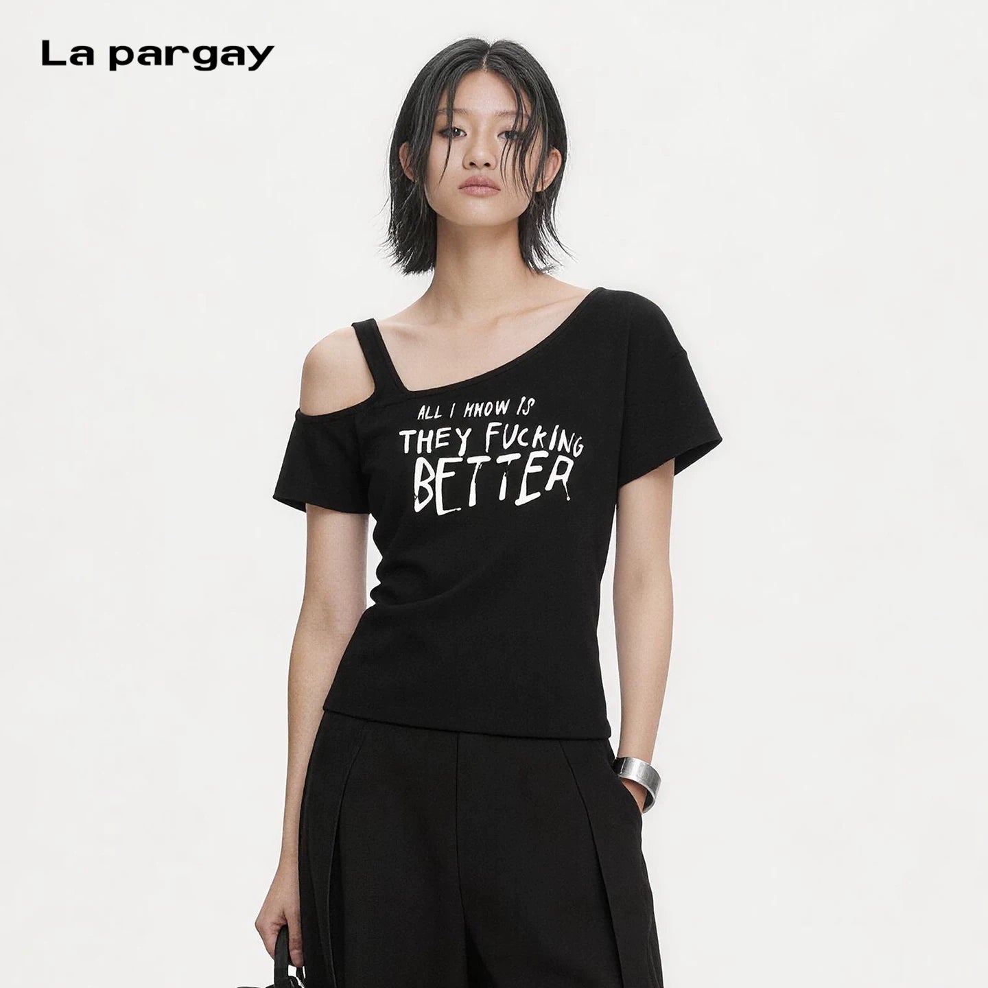 Lapargay Personality Design One-Shoulder T-Shirt 2026 New Style Fashion Trendy Brand Off-Shoulder Pure Cotton Short Sleeve Knit Top