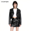 Lapargay Short long-sleeved leather jacket 2026 spring new women's good black personalized fashionable casual top