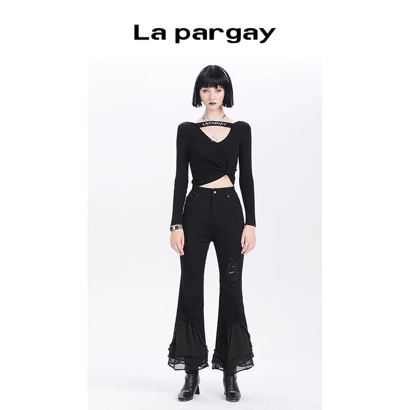 Lapargay Lapargay Spring New Style Women Black Top Versatile Casual Long Sleeve V-Neck Pullover Knit Sweater