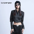 Lapargay Retro Short Shirt 2026 Spring New Women's Black Personality Fashion Casual Long-sleeved Top