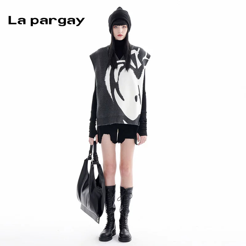 Lapargay irregular pullover high neck knit women 2026 spring new black personality casual niche top