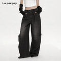 Lapargay Washed Denim High-Waist Pleated Bloomers, Street-Style 3D Side Pockets L75202605V
