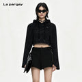 Lapargay Cropped Hoodie with Exposed Waist Distressed Bleached Texture Built-in Thumbhole Design L72101909V