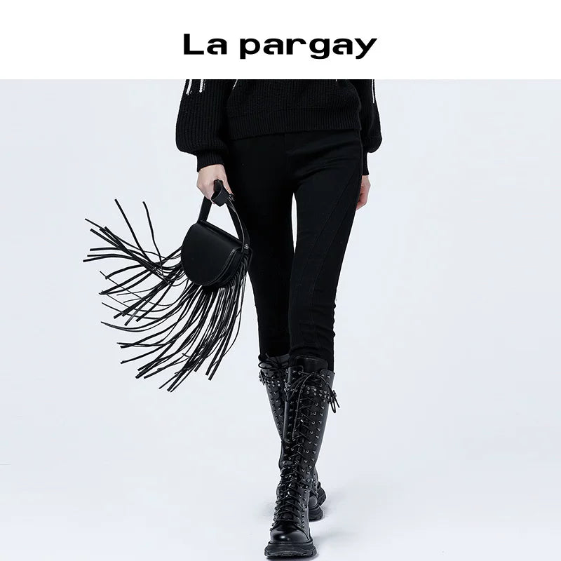 Lapargay Sweet Cool High Waist Casual Pants Micro Elastic Tapered Pants Women Autumn Winter New Black Versatile Casual Slim Fit Long Pants