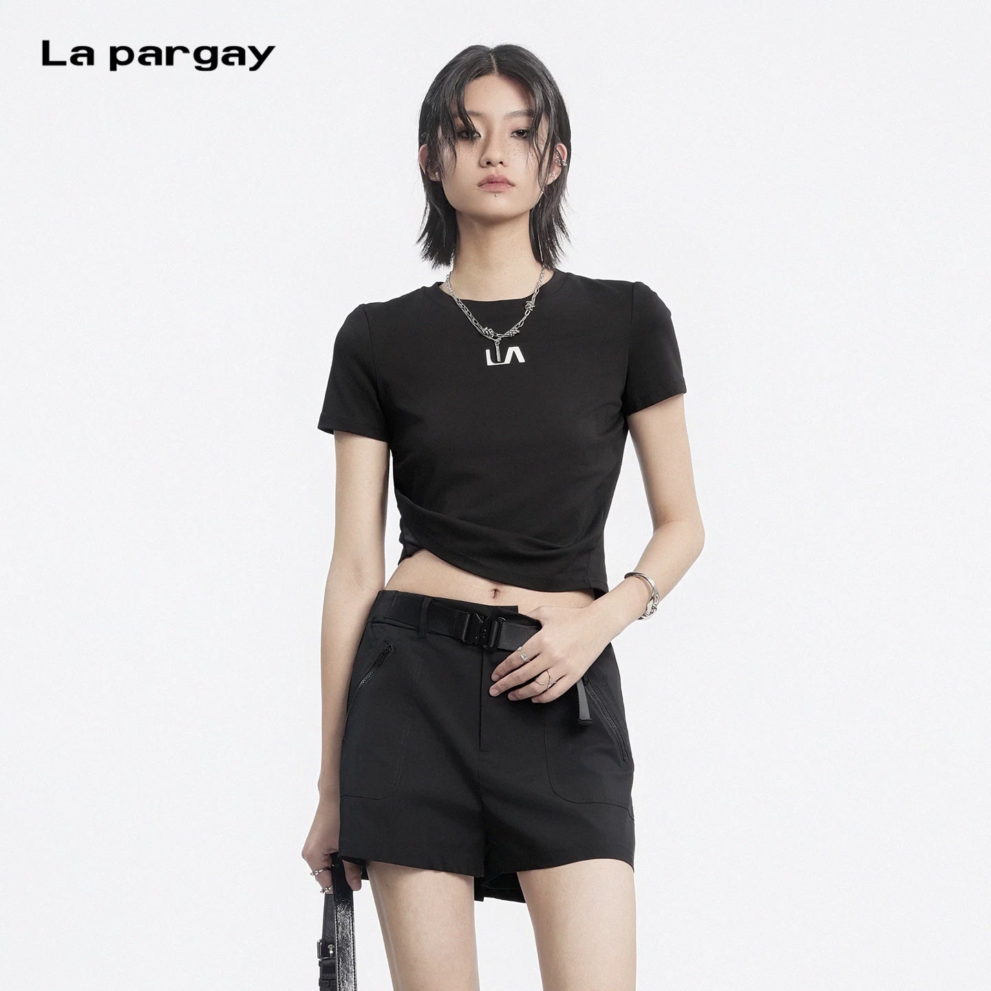 Lapargay Twisted Cropped T-Shirt Irregular Hem Hot Girl Slim Fit L72200222C