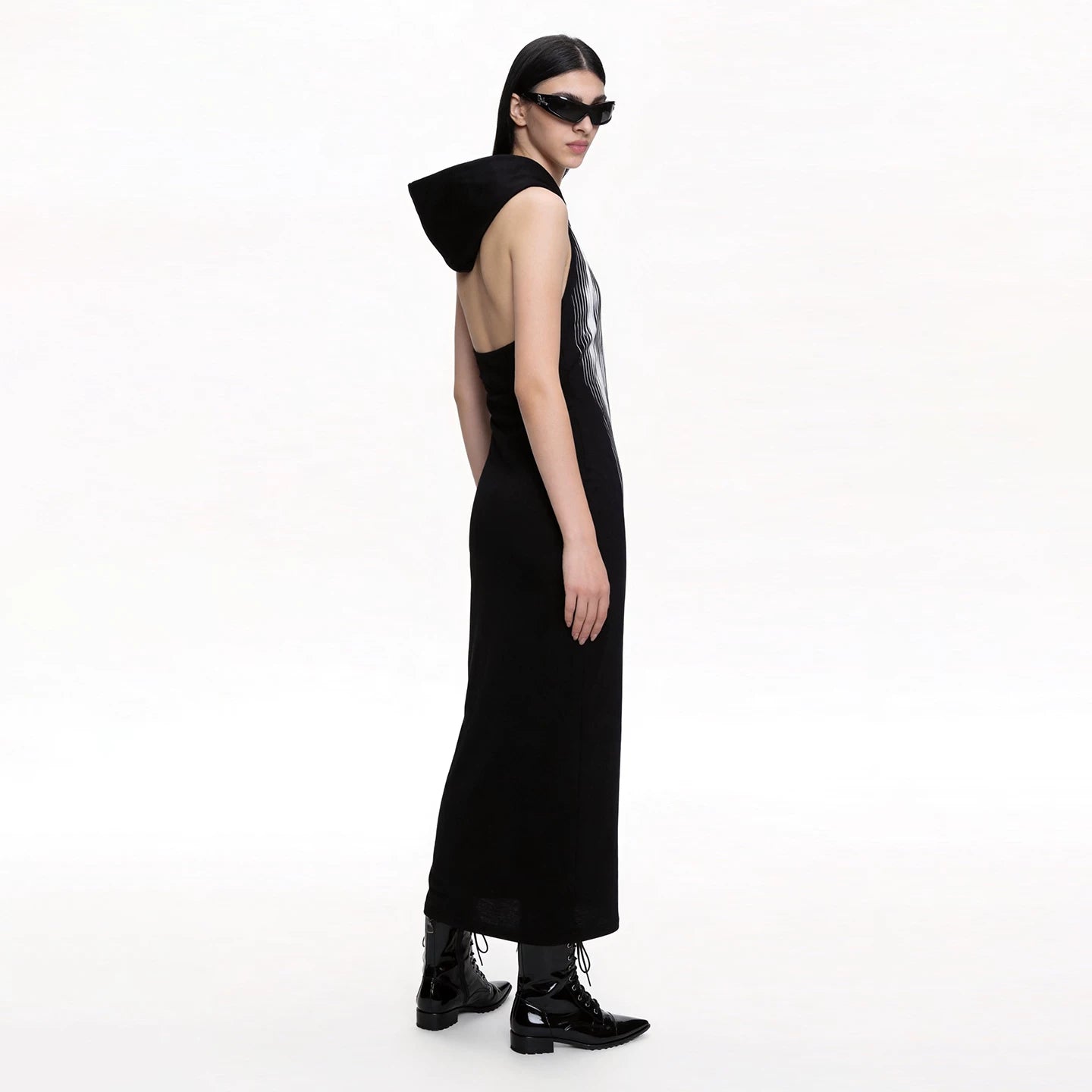 Lapargay Hooded Halter Sleeveless Dress Abstract Print Waist Cinching Slenderizing Backless L69209003B