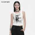 Lapargay abstract ink wash print cropped vest, slim fit to flatter figure, streetwise cool vibe L78200101V