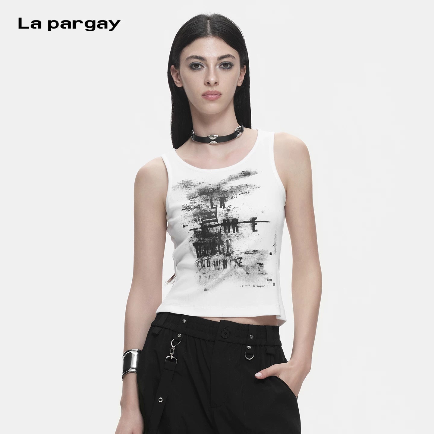 Lapargay abstract ink wash print cropped vest, slim fit to flatter figure, streetwise cool vibe L78200101V