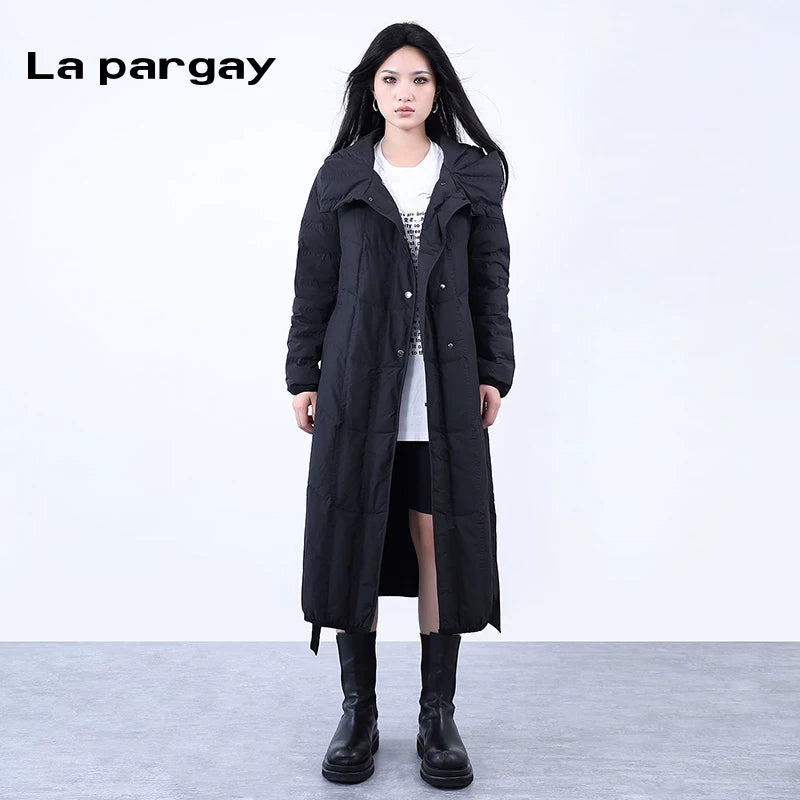 Lapargay 3D embroidered long down jacket women 2026 spring new black personality simple hooded top