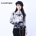 Lapargay Tie-Dye Print High Neck Long Sleeve T-Shirt 2026 Spring New Women's Personality Fashion Slimming Top