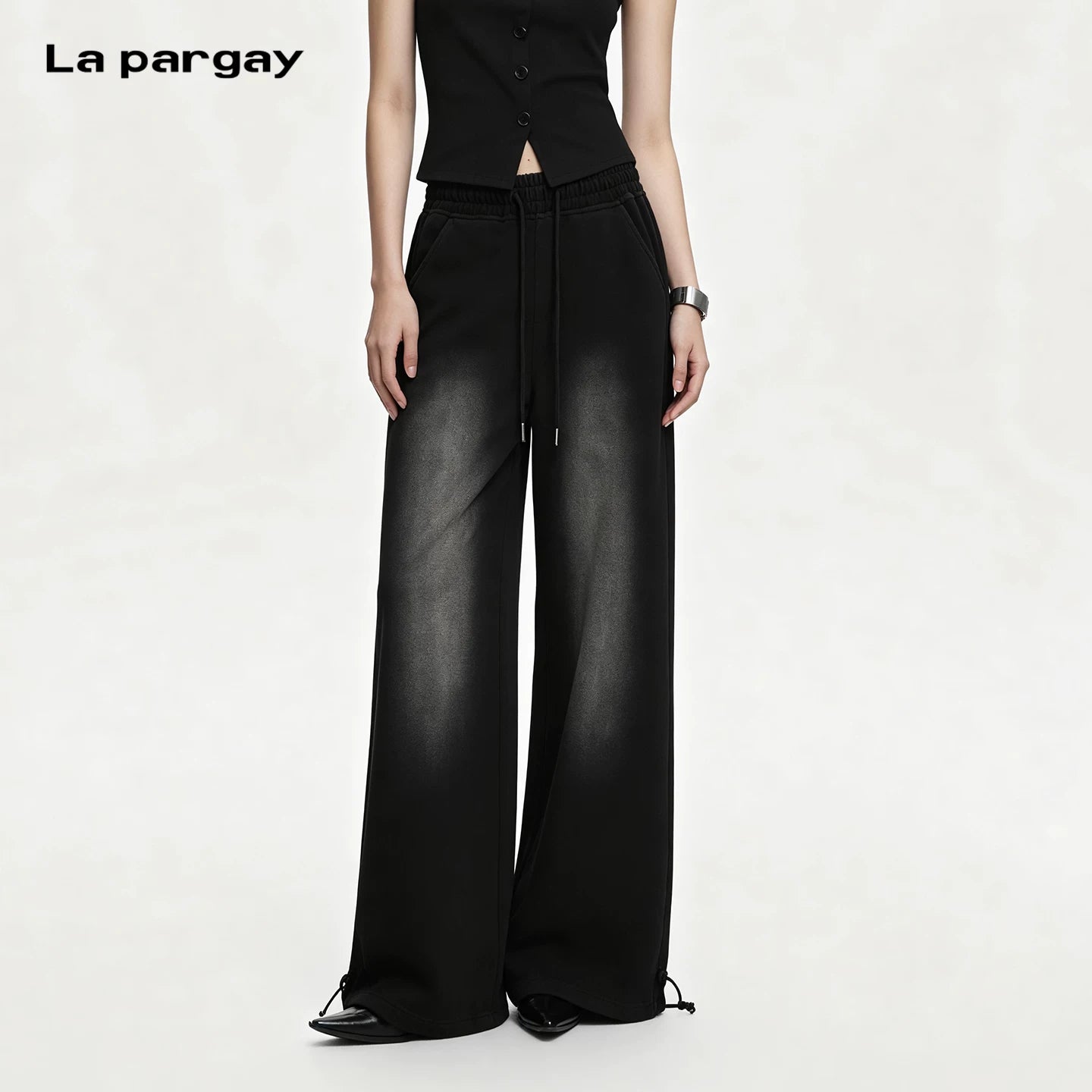 Lapargay Washed Gradient Wide-leg Pants Elastic Drawstring Waist Adjustable Hem L75102804C