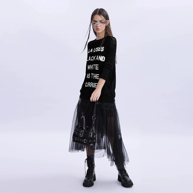 Lapargay hollow fashion wool knit sweater 2026 spring new design letter embroidery trendy top