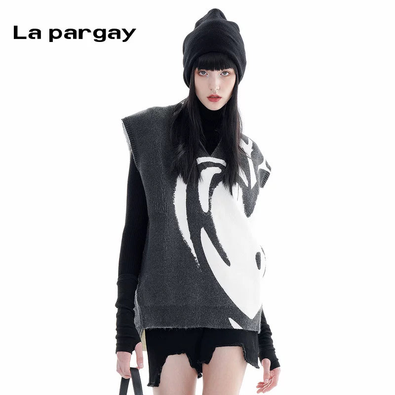 Lapargay irregular pullover high neck knit women 2026 spring new black personality casual niche top