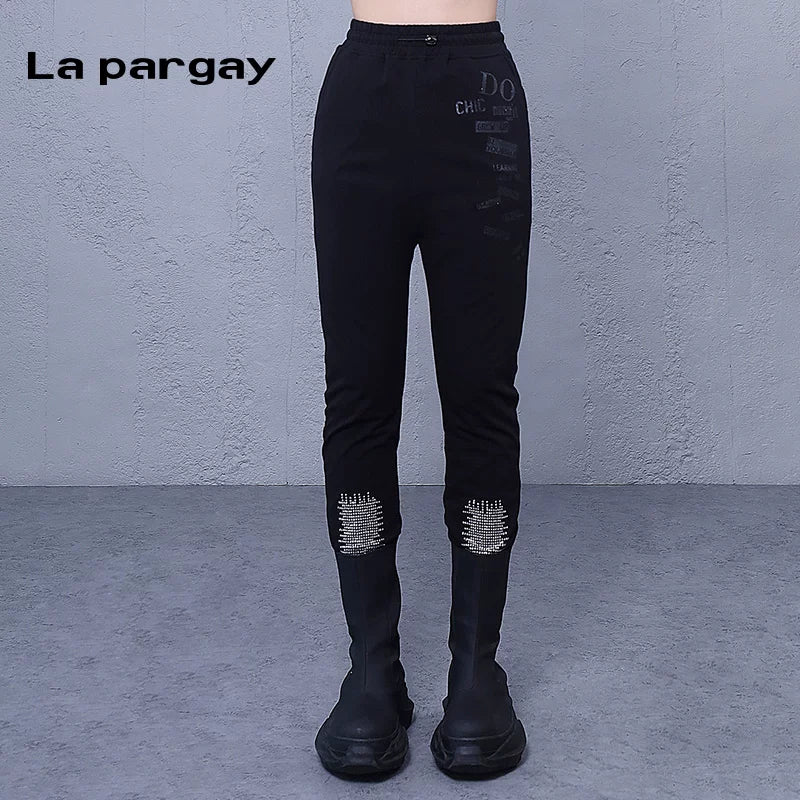 Lapargay High-Waist Trousers Personality Print Casual Pants Women 2026 Spring New Black Design Niche Pants