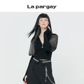 Lapargay 2026 Spring New Women's Knitwear Hollow Out V-neck Black Long-sleeve Short Design Sense Fitted Top