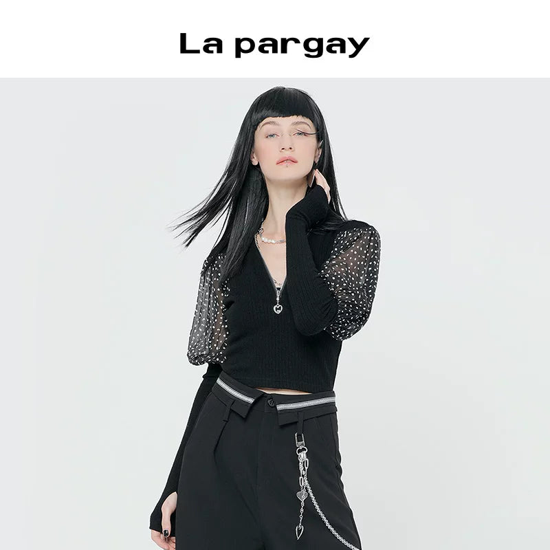 Lapargay 2026 Spring New Women's Knitwear Hollow Out V-neck Black Long-sleeve Short Design Sense Fitted Top