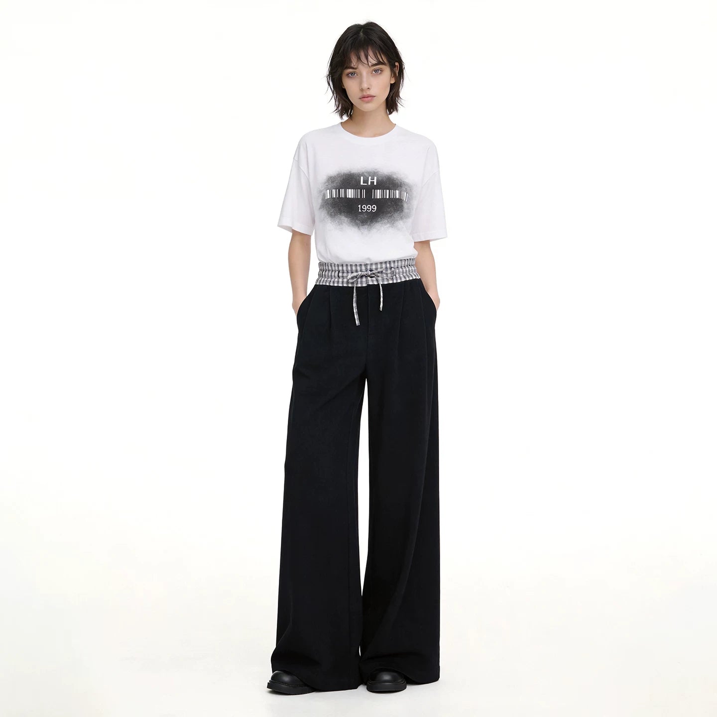 Lapargay loose patchwork wide-leg pants plaid drawstring waist slimming and concealing flaws L75302610V