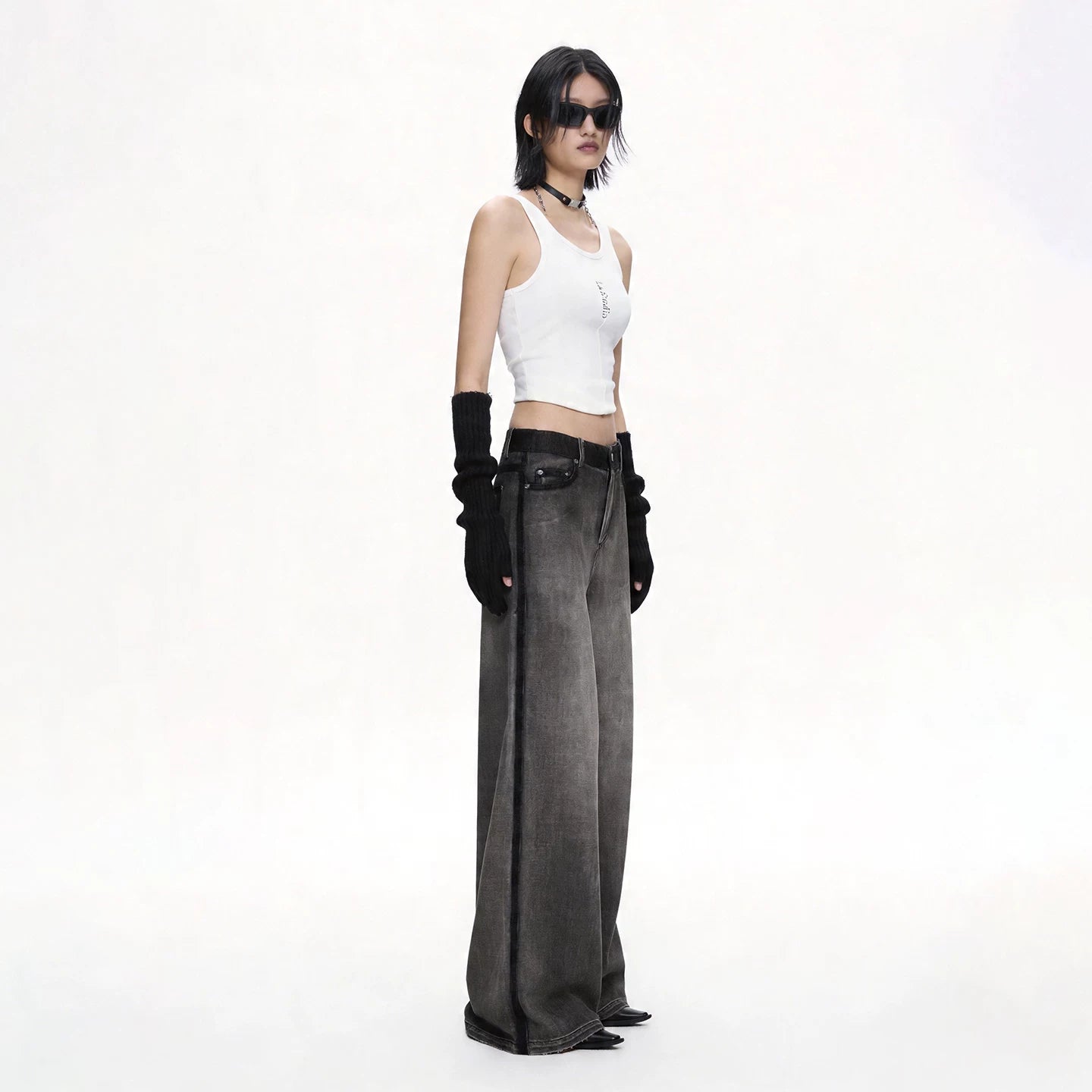 Lapargay Black-to-Gray Gradient Wash High-waisted Wide-leg Pants Contrast Waistband L75202903V