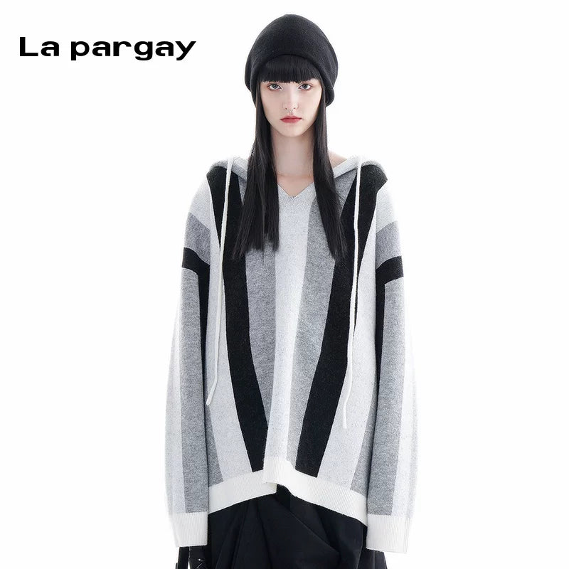 Lapargay long sleeve hooded pullover knit sweater 2026 new women's casual loose design top