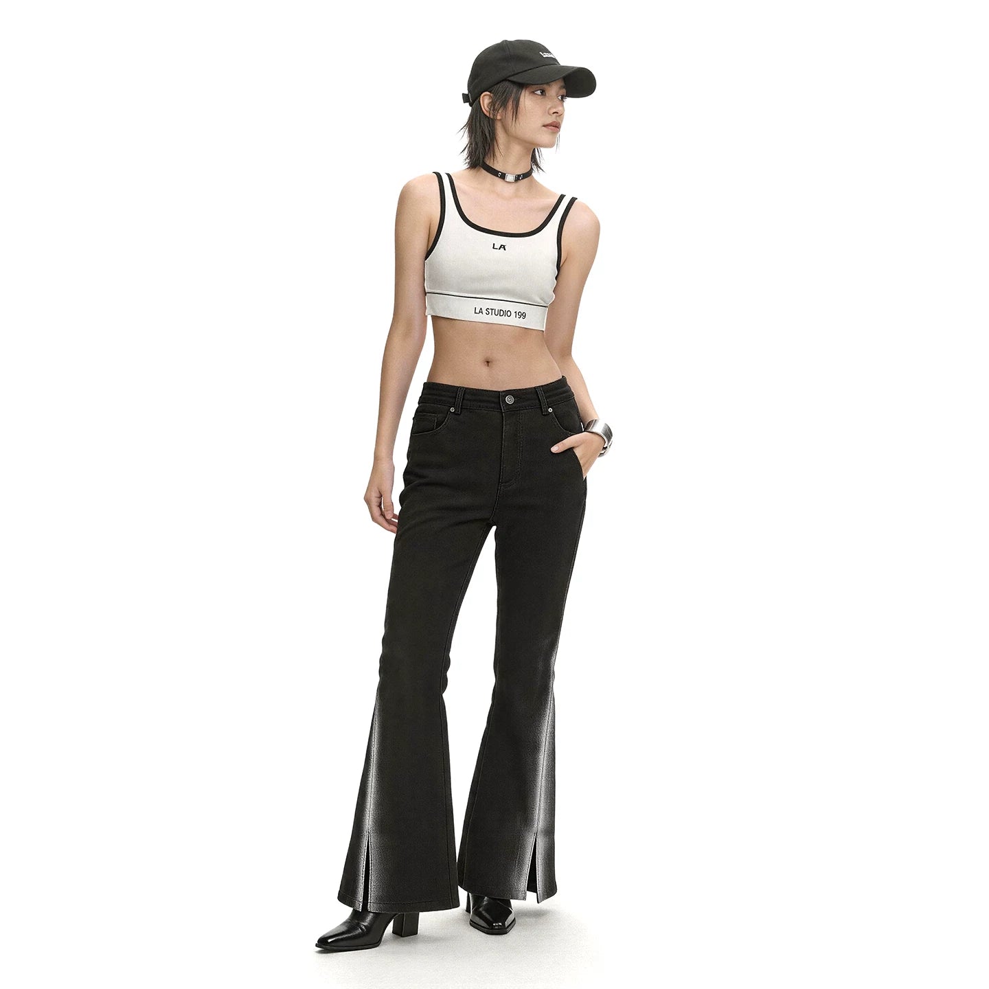 Lapargay High-waist cinched waist cut, hem slit flared legs, modified leg shape elongated proportion L78102631V