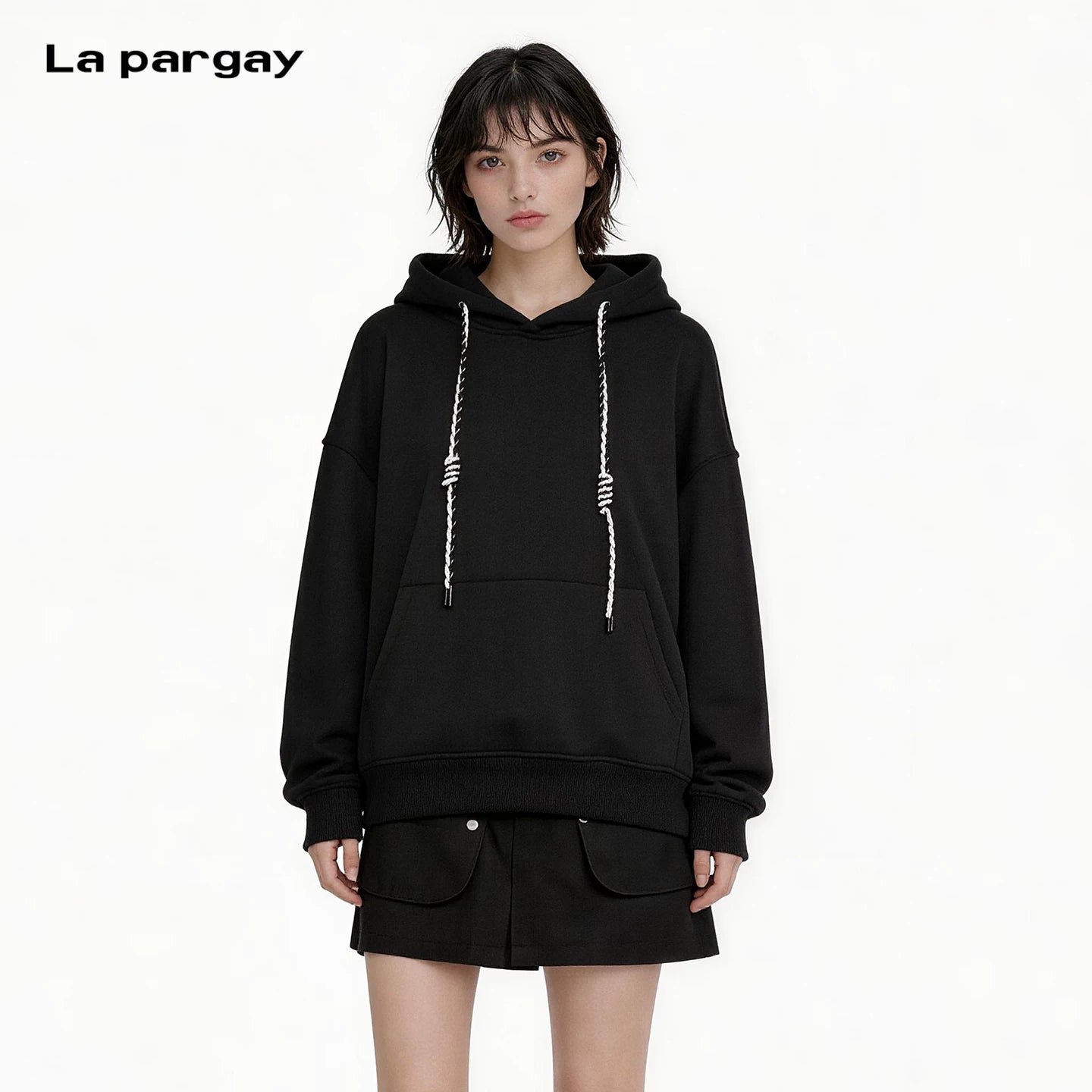 Lapargay Back Flocked Letter Hoodie American Retro Style Contrast Drawstring L75401990C