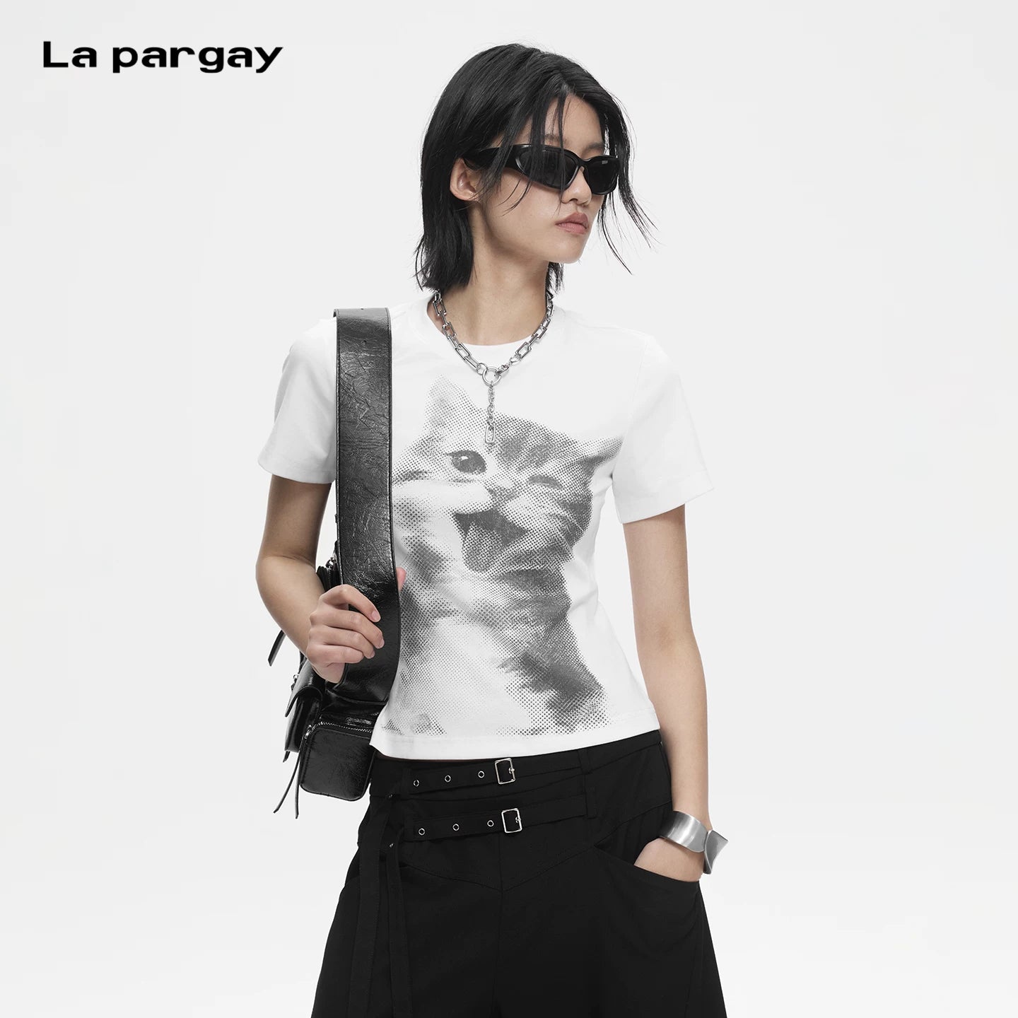 Lapargay Half-Tone Mesh Pattern T-Shirt Soft Knit Slim Cropped L78200208V