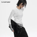 Lapargay  Pleated Fake Layered T-Shirt with Contrast Extended Sleeves, Irregular Slim Fit Base Layer L78100307C