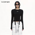 Lapargay Functional Hot Girl Cropped T-Shirt Slim Fit Long Sleeve Metal Buckle Tie Waist L75100302B