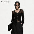 Lapargay Mesh patchwork knit cardigan V-neck with exposed collarbone Asymmetrical waist-cinching top L63308306S