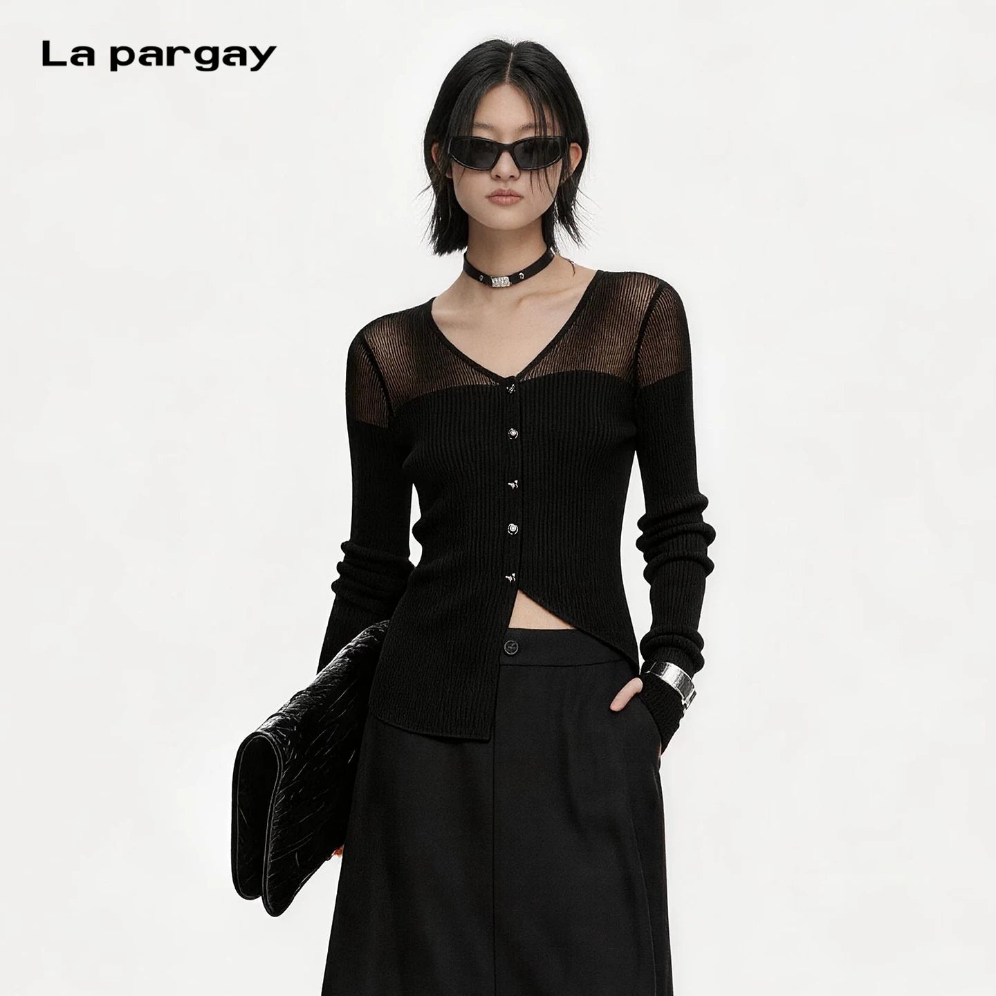 Lapargay Mesh patchwork knit cardigan V-neck with exposed collarbone Asymmetrical waist-cinching top L63308306S