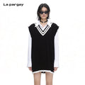 Lapargay faux two-piece spliced knit dress layered shirt frayed finishing technique L75308601C