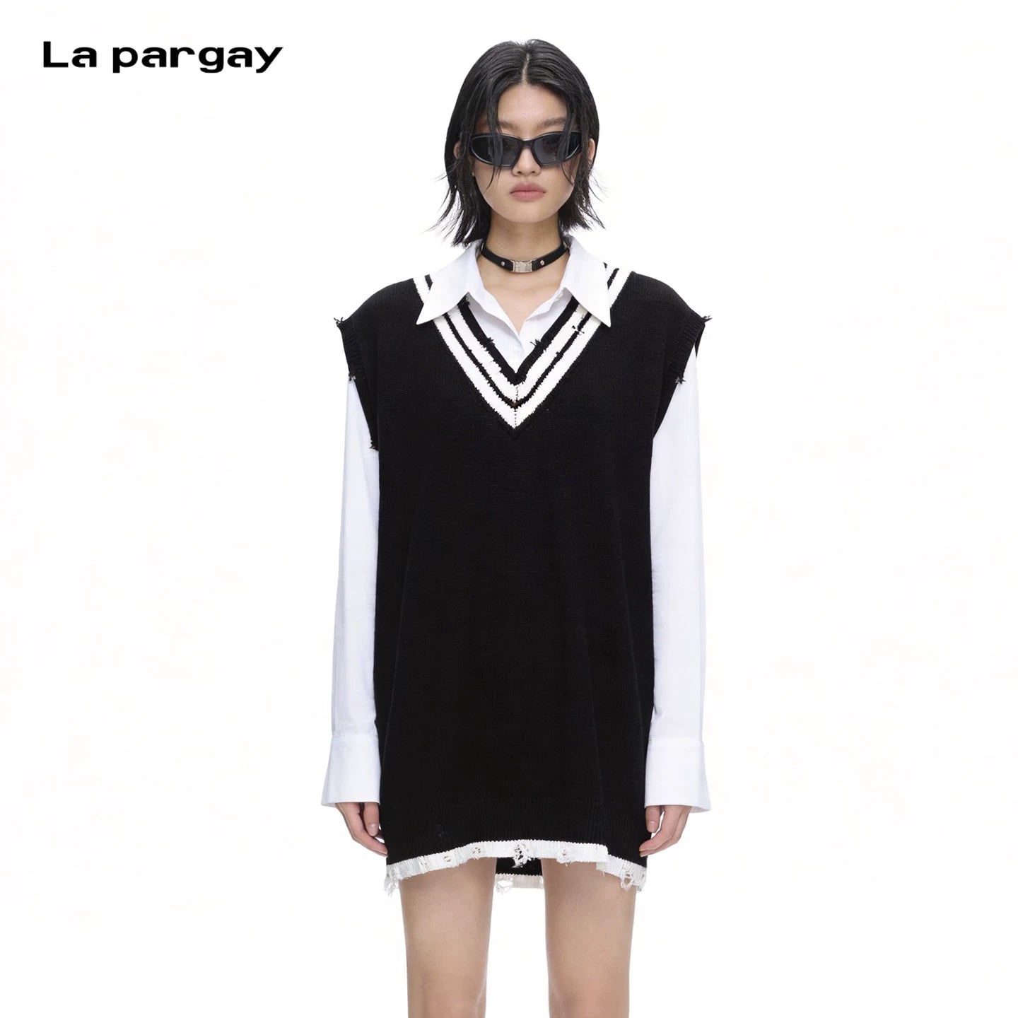 Lapargay faux two-piece spliced knit dress layered shirt frayed finishing technique L75308601C