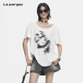 Lapargay lazy relaxed top off-shoulder chain embellishment vintage portrait print L78200212V