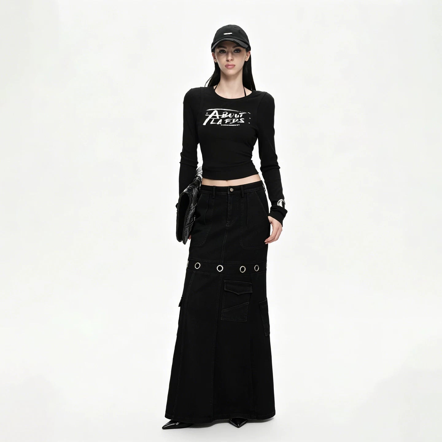 Lapargay Black Denim Midi Skirt Metal Ring Patch Multi Pocket Utility L69309112V