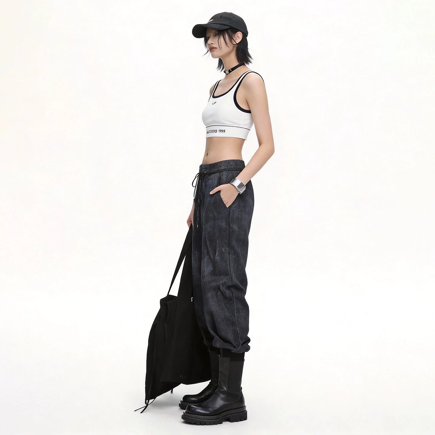 Lapargay vintage jogger pants with elastic drawstring waist, flattering leg shape without bulkiness L69202808B