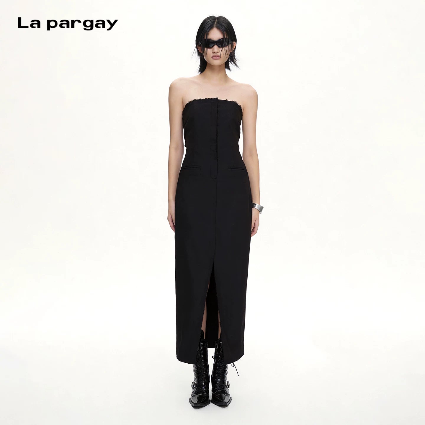 Lapargay Atmosphere Strapless Dress Fringe Design Waist Cinching Split Elegant Style L69209017B