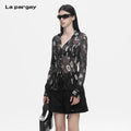 Lapargay  Distressed Letter Print Sheer Pleated Chiffon Slim Fit Long-Sleeve Shirt L78201004V