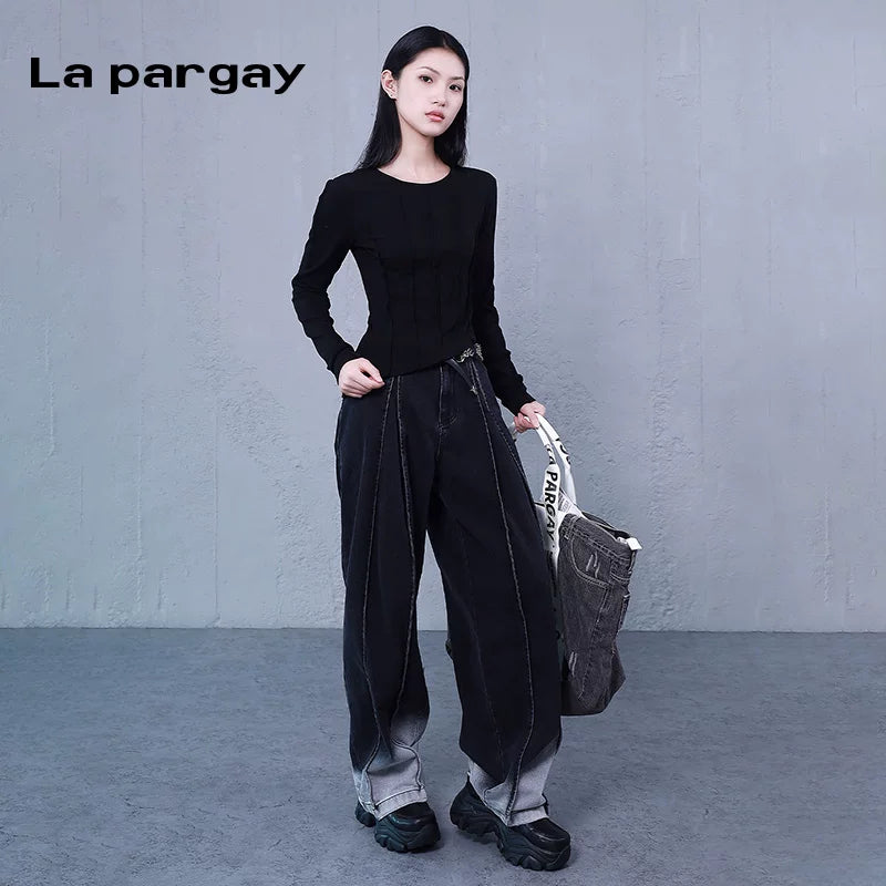 Lapargay Pullover Round Neck Fitted Basic Knit Top Women 2026 New Black Personality Asymmetric Long-sleeve Top