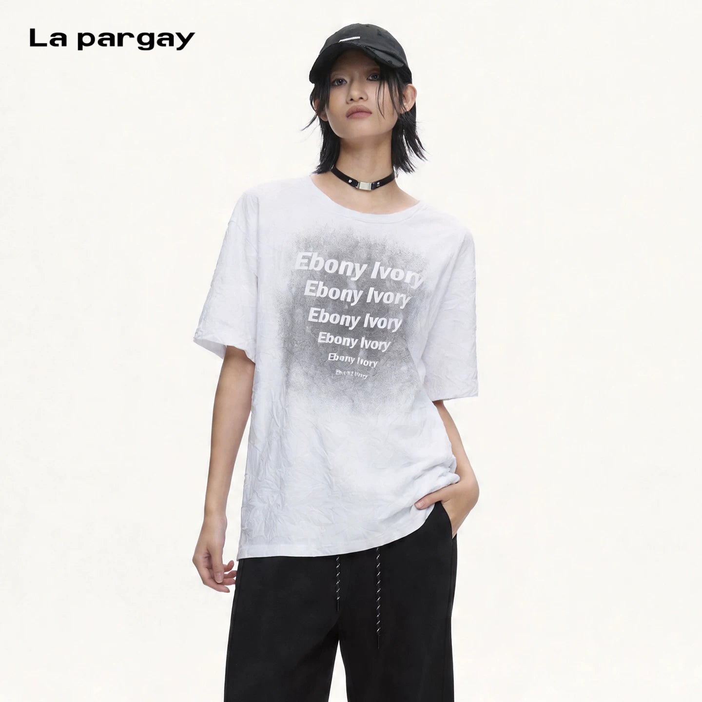 Lapargay Crew Neck Short Sleeve T-shirt Wrinkled Texture Fabric Washed Bleached Letter Print L75200220V